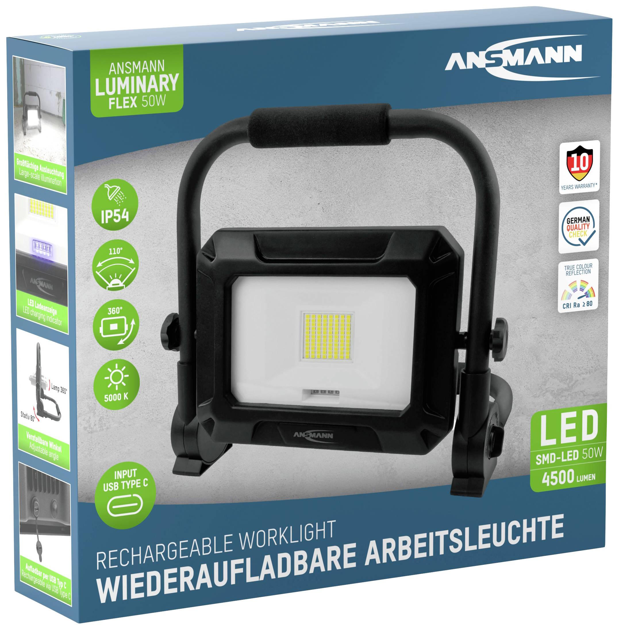Dobíjecí pracovní světlo Ansmann na zeleném pozadí; 4500 lumenů, LED, 50W, ochrana IP54, USB Type C. 10 let záruky.