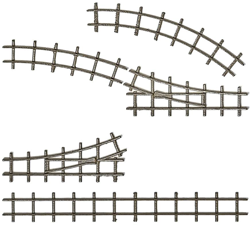 Různé díly železničního modelářství, včetně několika obloukových a výhybkových kusů, znázorněné v kovovém provedení.