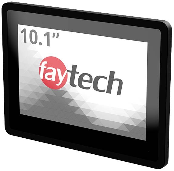 10,1palcový monitor s nápisem 'faytech', černý rámeček, pozadí s šedými trojúhelníky.