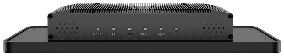 Černé elektronické zařízení s několika světelnými indikátory na přední straně, včetně popisků 'Power', 'B-', 'B+', 'Menu' a 'Input'.