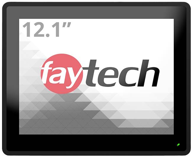 12,1palcový dotykový monitor od společnosti Faytech s šedo-černým rámečkem a logem na obrazovce.