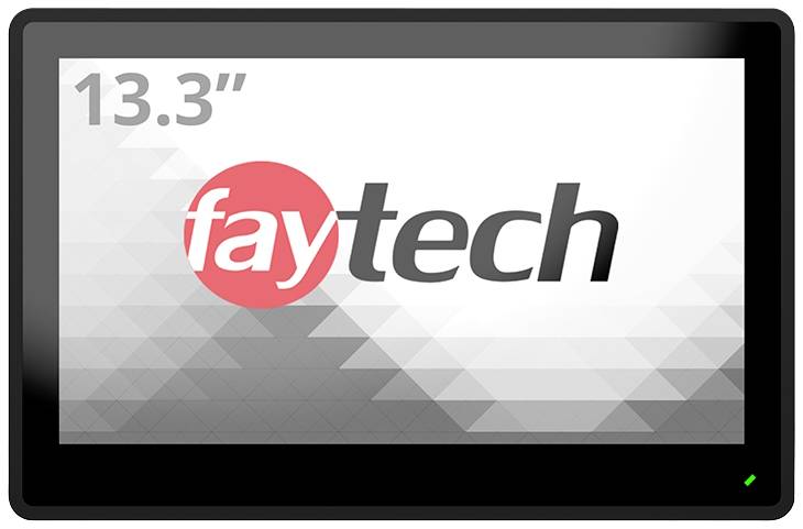 Dotykový monitor Faytech s úhlopříčkou 13,3 palce s geometrickým pozadím.