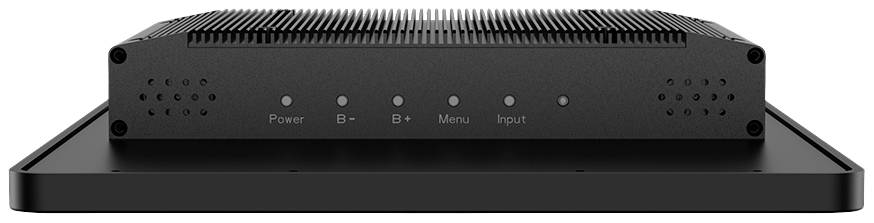 Černý elektronický zesilovač s pěti LED diodami indikujícími 'Power', 'B-', 'B+', 'Menu' a 'Input'.