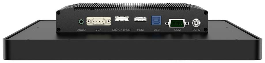 Černý zadní panel monitoru s různými konektory: audio, VGA, DisplayPort, HDMI, USB, COM, DC-IN. Ideální pro všestranné připojení.