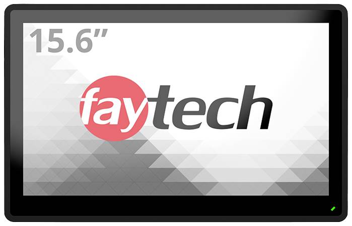 Plochý displej s diagonálním vzorem a textem '15,6"' a 'faytech' na přední straně.