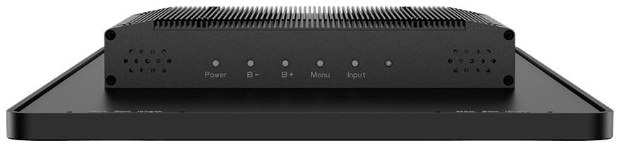 Černé elektronické zařízení s různými porty a tlačítky pro 'Power', 'B-', 'B+', 'Menu' a 'Input' na přední straně.