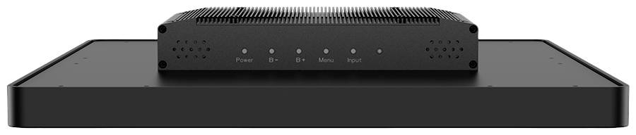 Černé elektronické zařízení s tlačítky pro napájení, Ch+, Ch-, Menu, Input umístěné vpředu na obdélníkovém podstavci.