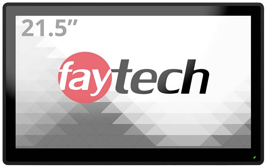 Obrázek ukazuje 21,5palcový monitor s logem 'faytech' na obrazovce, obklopený šedým geometrickým vzorem.