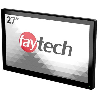 27palcový monitor s logem 'faytech'. Monitor zobrazuje geometrický vzor v odstínech šedi.