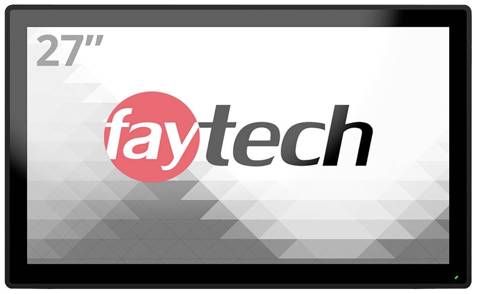 27palcový monitor s logem 'faytech' na obrazovce. Pozadí zobrazuje geometrický vzor v odstínech šedé.