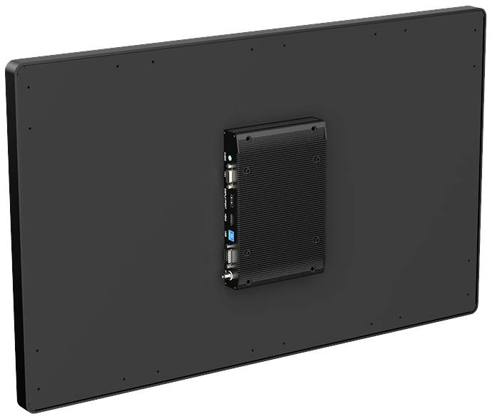 Černý LCD displej se zadní stranou, na které je připevněno obdélníkové externí zařízení umožňující konektivitu.