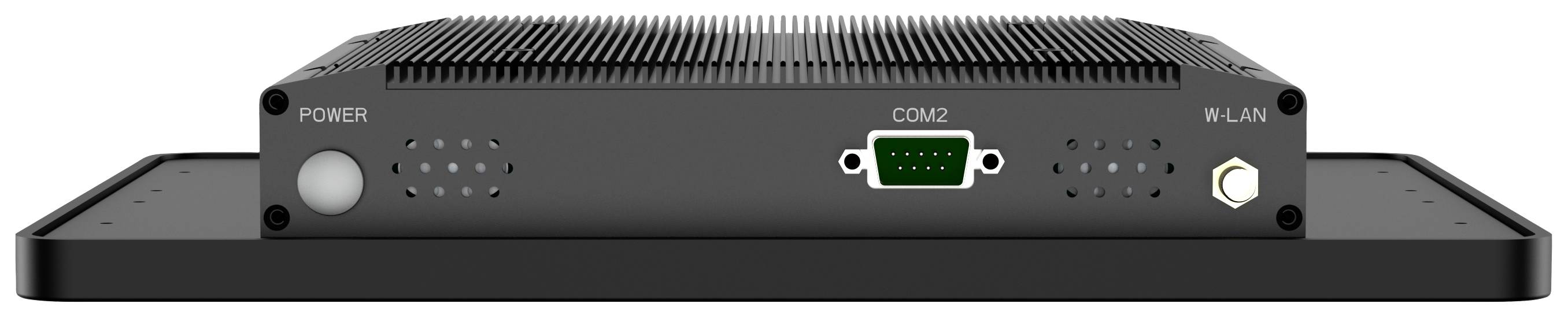 Obrázek ukazuje černou elektronickou jednotku s několika porty: 'Power', 'COM2' a 'WLAN'.