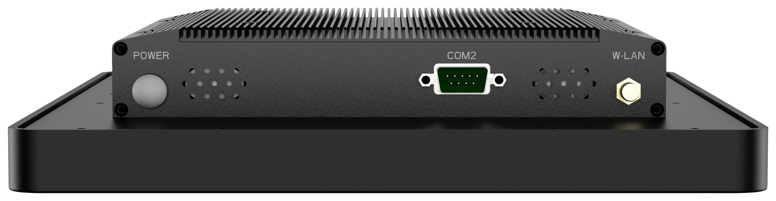 Průmyslový počítač v černém pouzdře s připojením pro napájení, COM2 a WLAN. Umístěný horizontálně na stole.