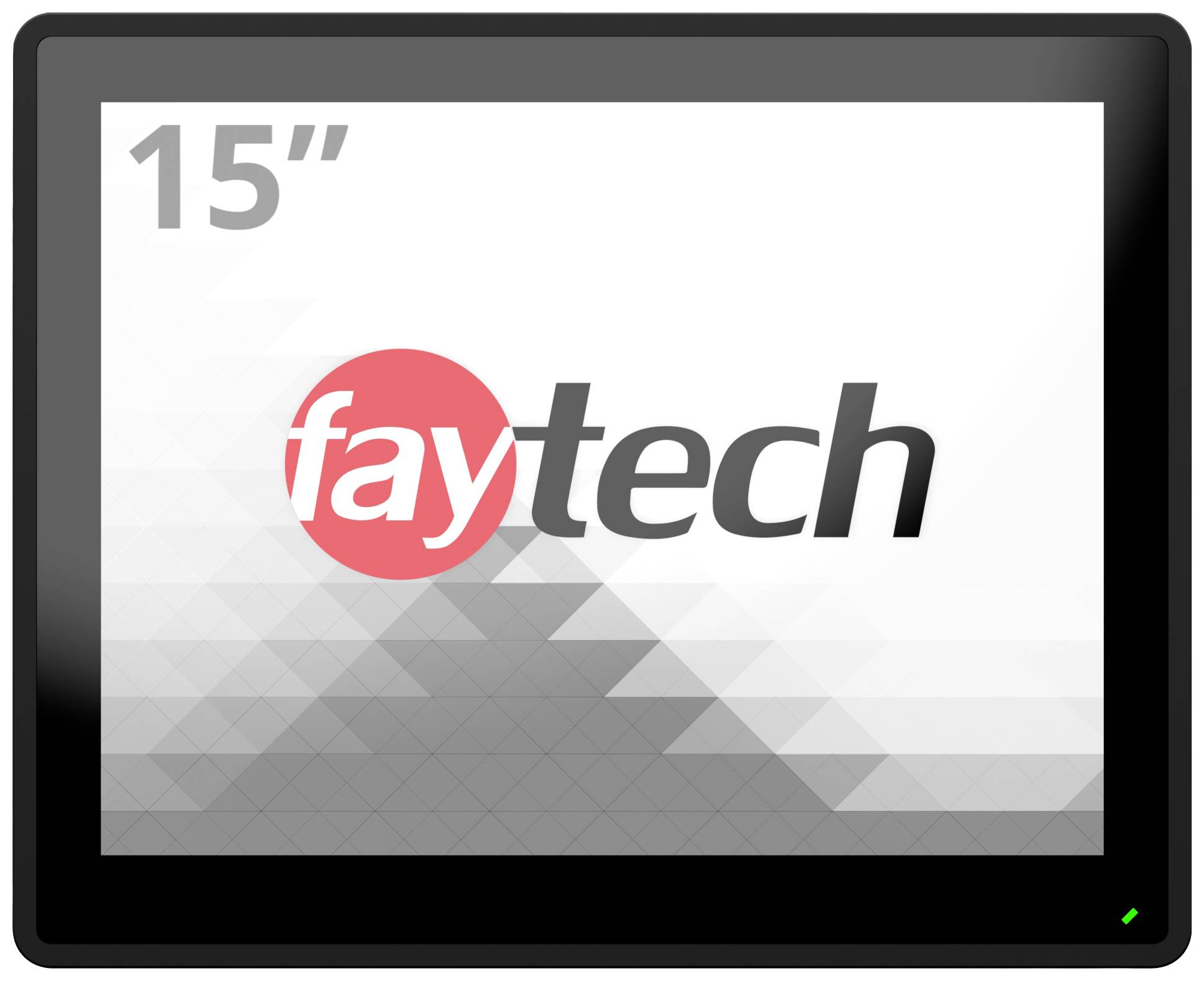 15palcový monitor s logem 'faytech' uprostřed. Logo je červené a černé na šedém geometrickém pozadí.