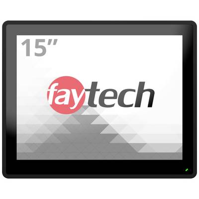 15palcový monitor s logem 'faytech' uprostřed. Logo je červené a černé na šedém geometrickém pozadí.