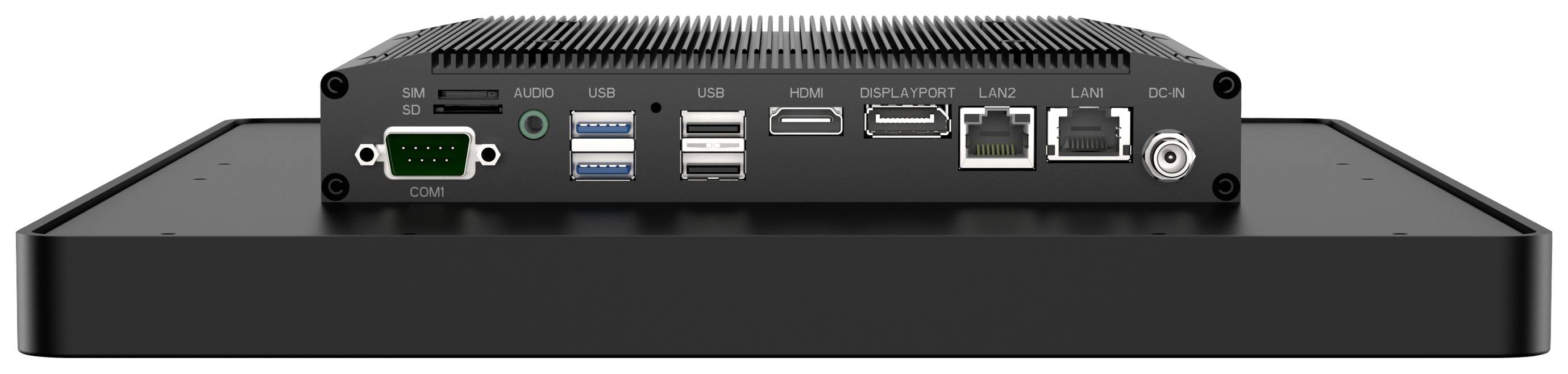 Zadní pohled na počítačovou skříň s několika porty: USB, HDMI, DisplayPort, LAN, audio a napájecí konektor.