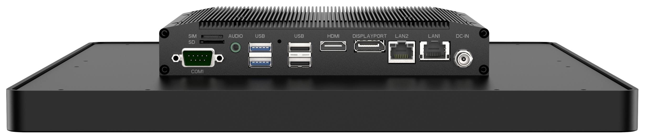 Černý počítač s různými možnostmi připojení, jako jsou USB, HDMI a Ethernet, na zadní straně.
