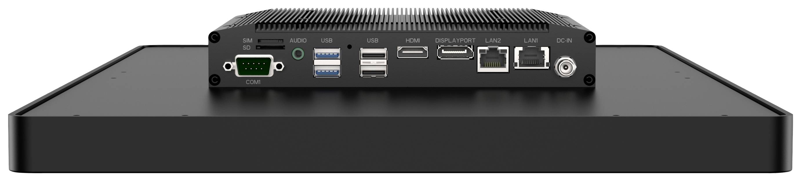 Tenký černý počítač s mnoha porty na přední straně, včetně USB, HDMI, LAN a audiokonektorů.