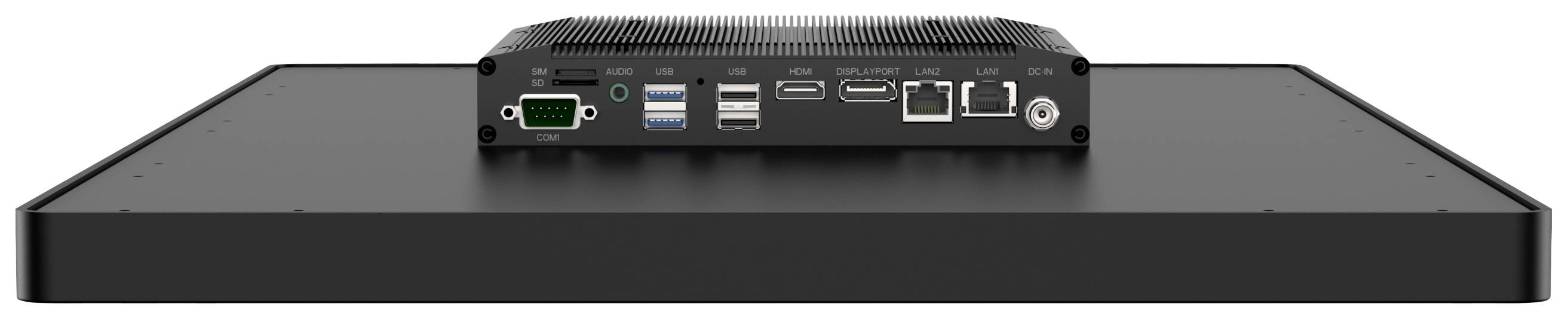 Zadní strana elektronického zařízení s několika porty: HDMI, USB, Ethernet a napájecí konektor na černém povrchu.