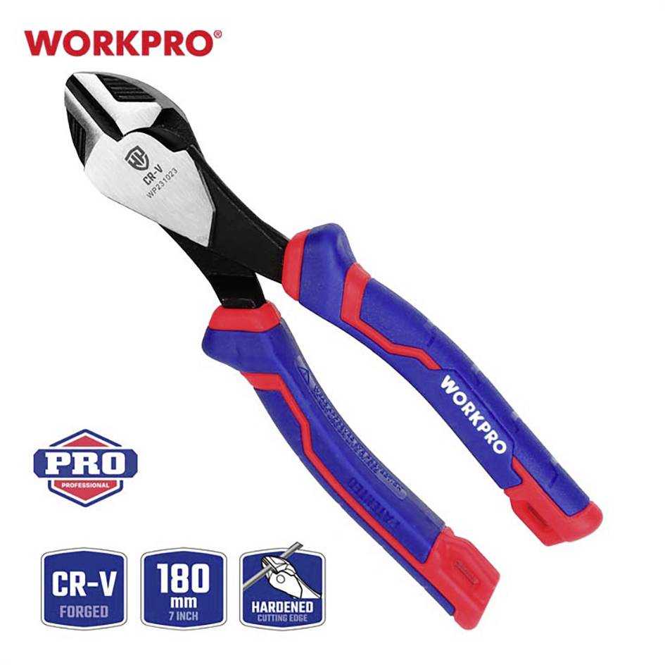 Kleště štípací WORKPRO v modro-červeném provedení s logem a označením Pro. Vyrobeny z oceli CR-V, délka 180 mm, s kalovanou řeznou hranou.