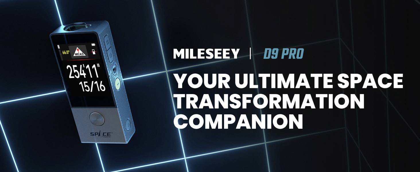Laserový dálkoměr s digitálním displejem zobrazujícím '25.411'' 15/16'. Text: 'MileSeey D9 Pro - Váš nejlepší společník pro proměnu prostoru'.