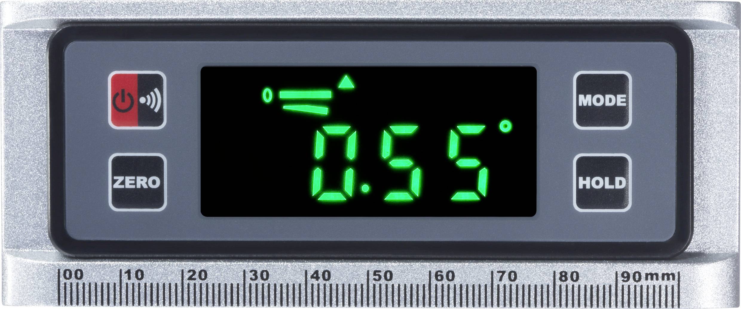 Digitální úhloměr ukazuje 0,55 stupně. Tlačítka: Zero, Mode, Hold. Stupnice v mm pod ním.