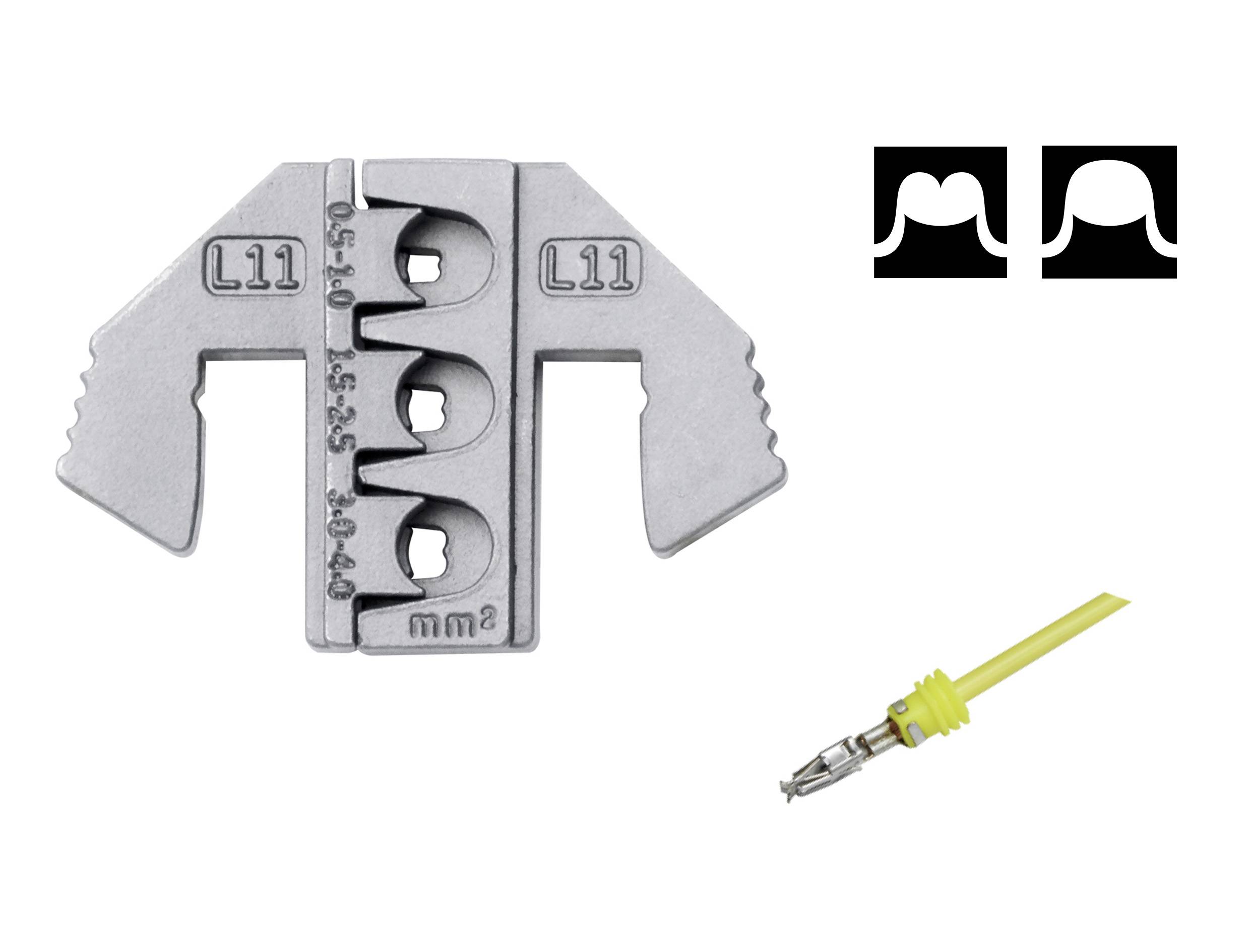 Stříbrný kovový nástroj s označením 'L11', vedle něj žlutý kabel s konektorem. Dva stylizované lidské siluety v pravém horním rohu.
