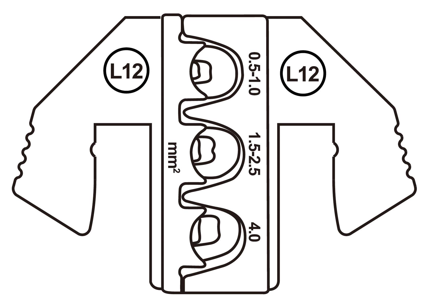 Zobrazení elektrické svorkovnice s označením L12 na obou stranách. Ukazuje velikosti vodičů: 0,5-1,0 mm², 1,5-2,5 mm² a 4,0 mm².