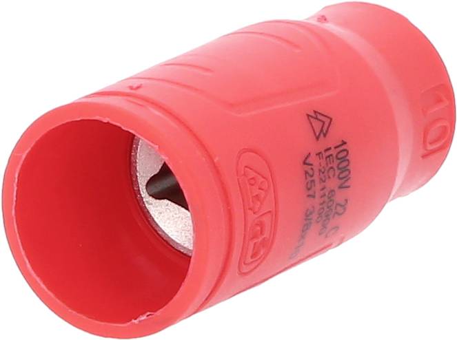 Červený izolovaný šroubovákový bit s kovovým hrotem a vytištěným napětím '1000V'. Vhodný pro elektrické práce.
