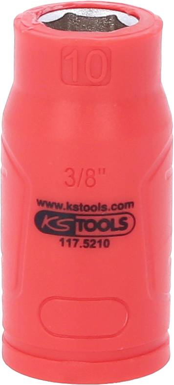 Červená nástrčná matice s nápisem '3/8"' a 'KS Tools', katalogové číslo 117.5210, na povrchu.
