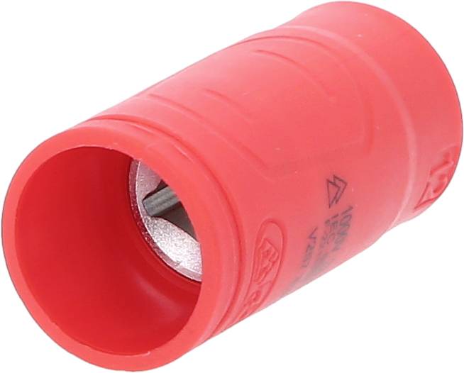Červený plastový válec s kovovým závitem uprostřed, pravděpodobně spojka nebo koncový díl pro elektrotechnické aplikace.