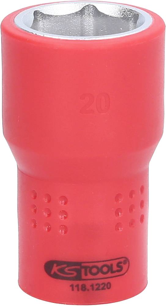 Červený nástrčný klíč s kovovým vnitřkem, značka 'KS Tools', modelové číslo '118.1220'.