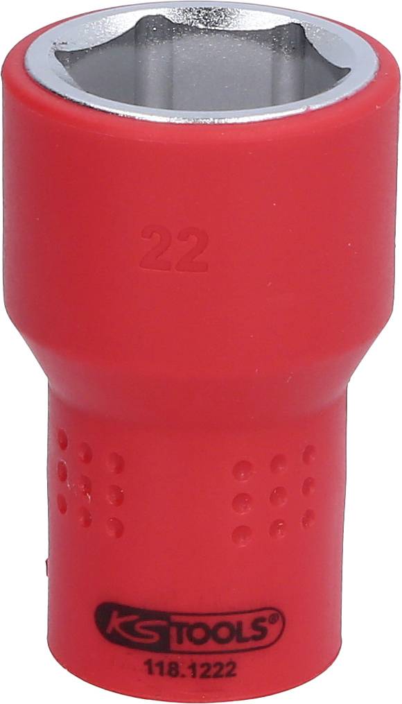 Červený nástrčný klíč s nápisem '22'. Pod ním nápisy 'KS Tools' a '118.1222'. Určen pro šroubovací práce.