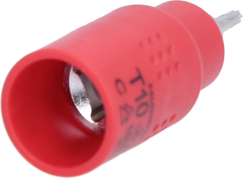 Červený elektrický konektor s kovovým kolíkem, označený štítkem 'T10'. Vhodný pro elektrické propojení.