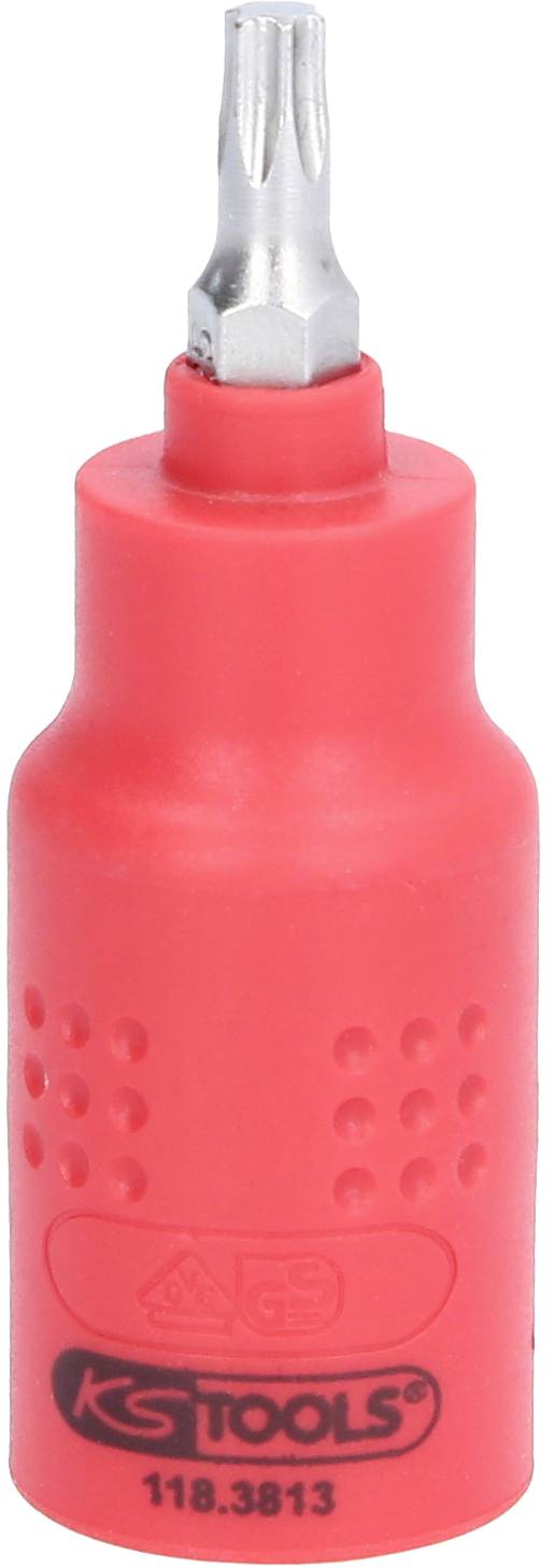 Červený nástrčný klíč se stříbrným nástavcem Torx, vhodný pro různé šroubovací aplikace.