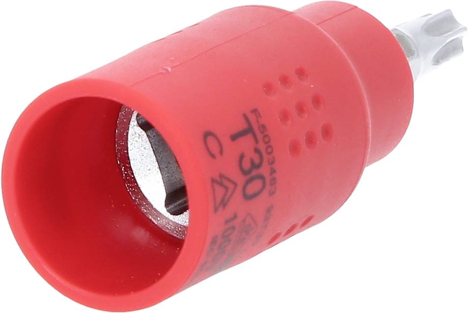 Červený šroubovací nástavec s profilem Torx, velikost T30. Používá se pro šrouby s odpovídající hlavou.