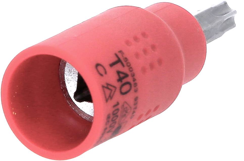 Červený torxový bit T40, vhodný pro použití se šrouby. Bit má šestizubý hvězdicový tvar pro upevnění.