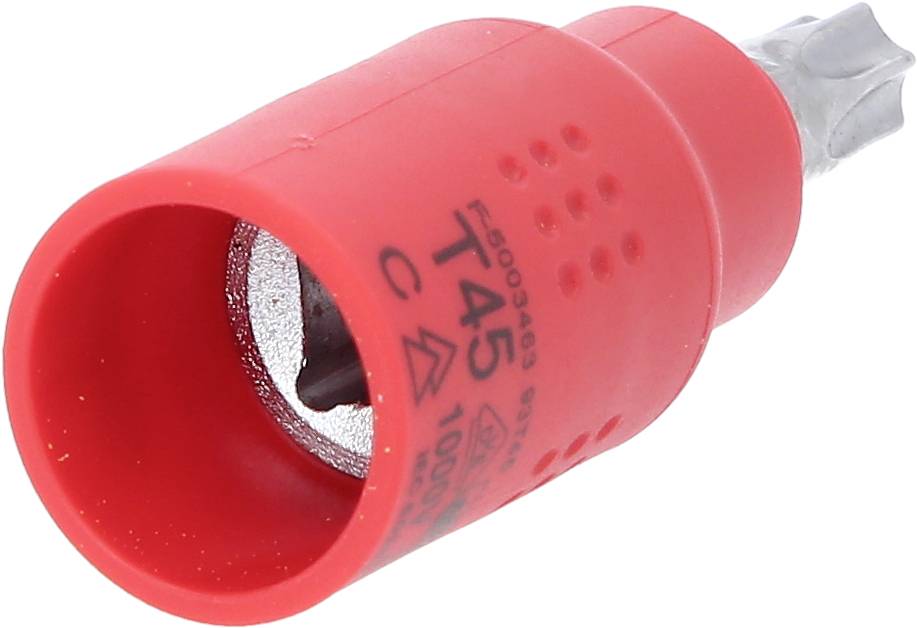 Červený šroubovácký nástavec s T45 Torx špičkou pro montáž šroubů. Plastový kryt pro bezpečné uchopení.