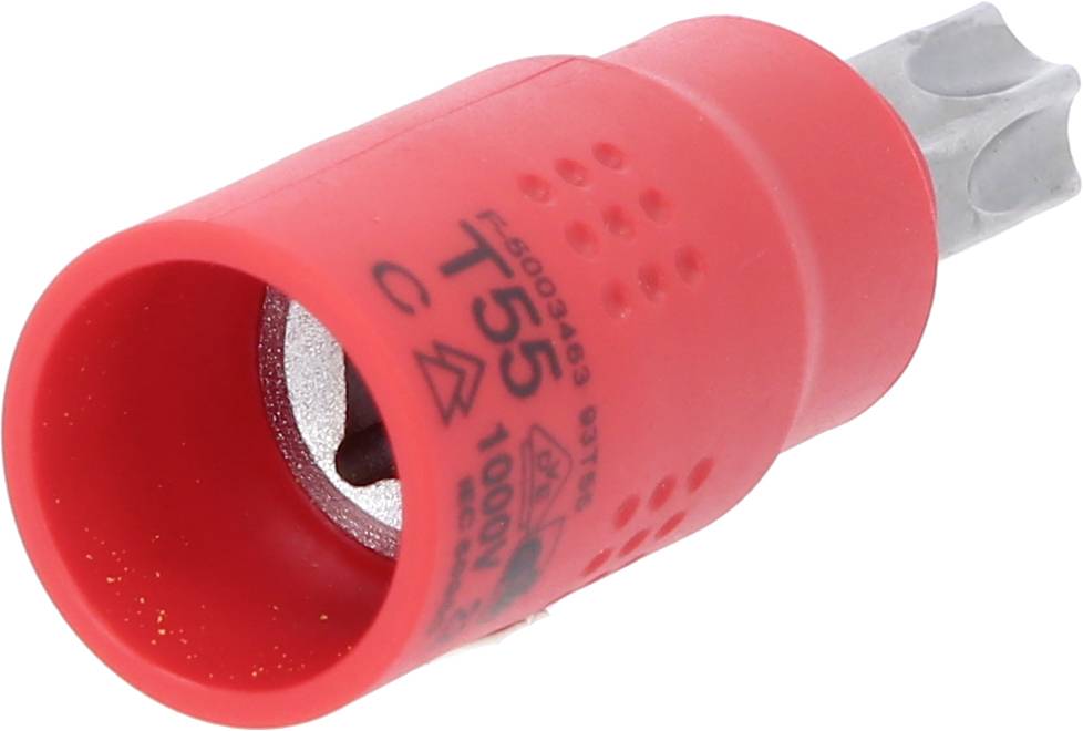 Červený šroubovací bit s Torx hlavou, velikost T55. Vhodný pro utahování nebo povolování šroubů s Torx profilem.