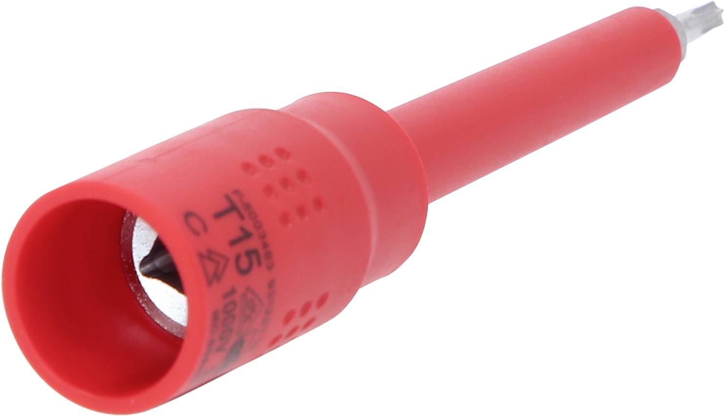 Červená měřicí sonda s kovovým hrotem, používaná pro elektrická měření nebo testy.