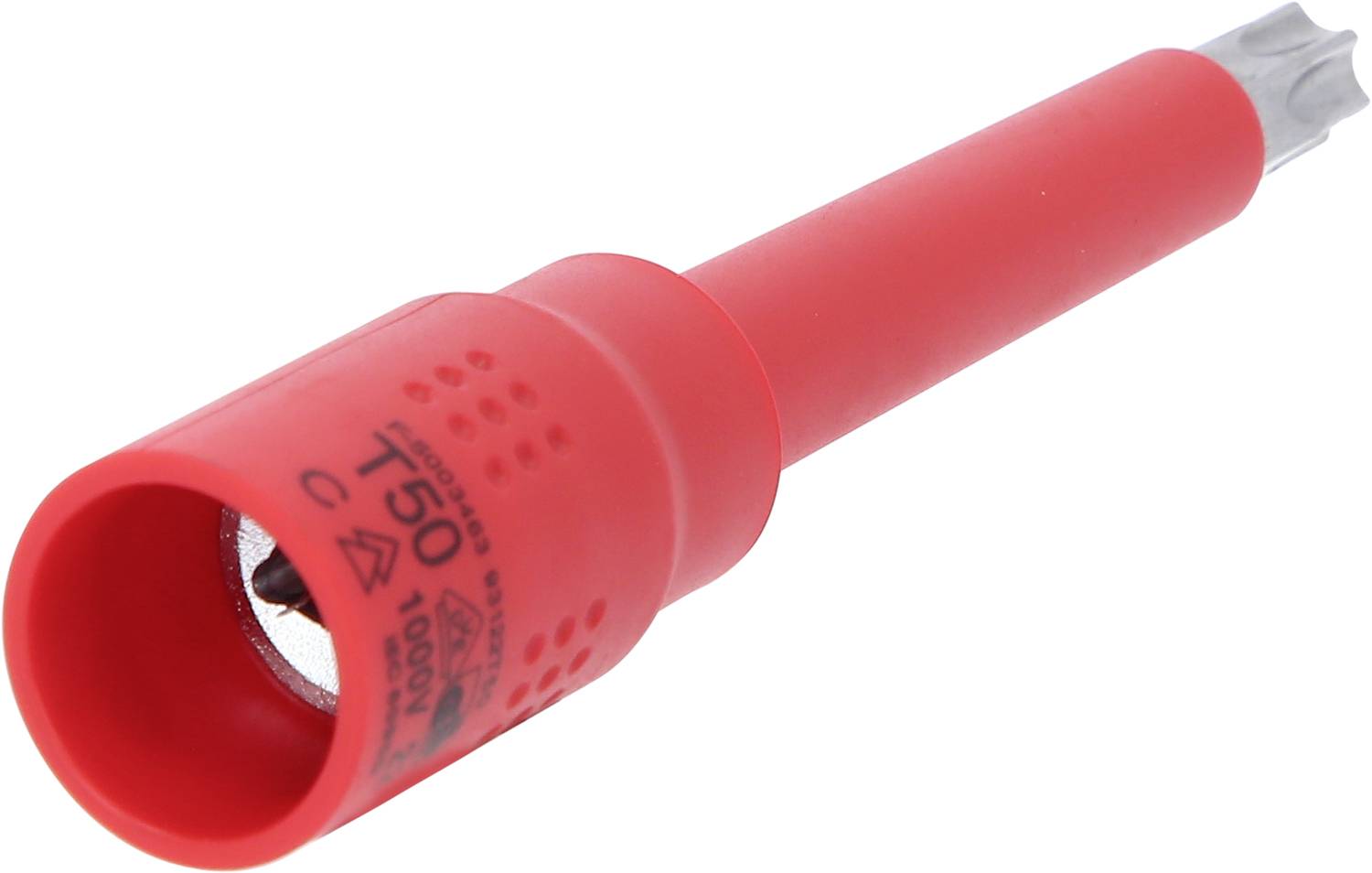 Červený izolovaný šroubovák s hlavicí Torx T50, vhodný pro vysokonapěťové aplikace až do 1000V, na bílém pozadí.