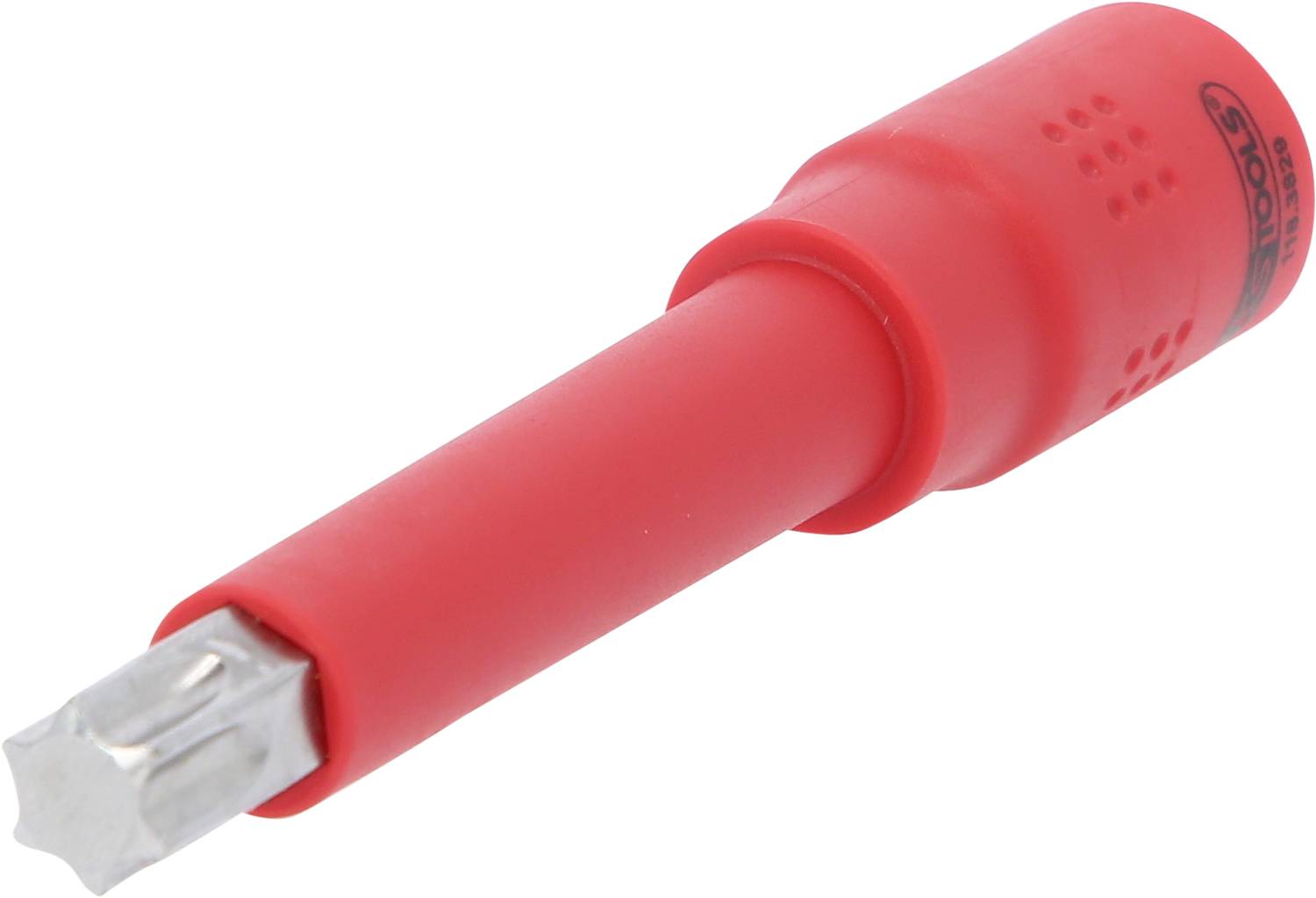 Červený šroubovák s šestihranným vzorem na hlavici, vhodný pro šrouby Torx.