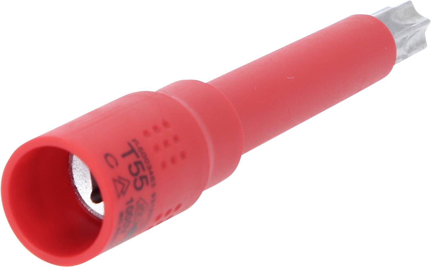 Červený Torx bit T55 s kulatou rukojetí. Bit je vhodný pro určité upevnění a patří mezi příslušenství nářadí.