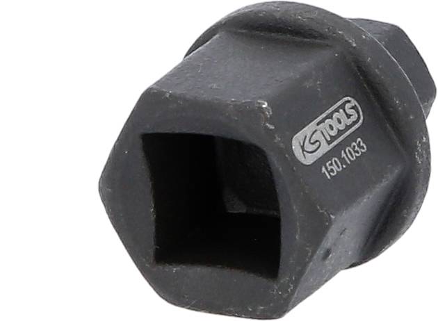 Černý šestihranný adaptér od KS Tools, modelové číslo 150.1033, slouží k upevnění na nástroje. Vyroben především z kovu.