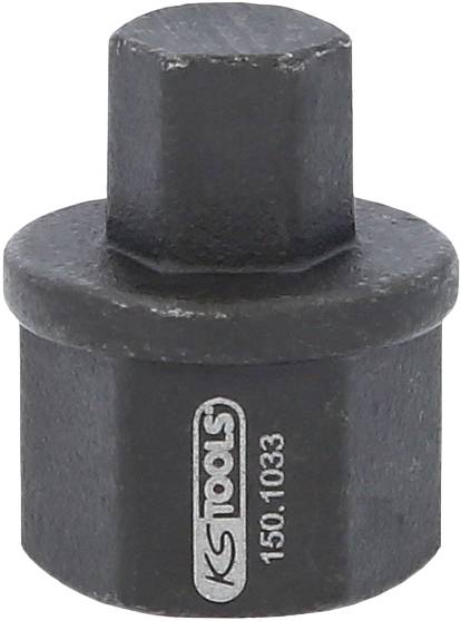 Kovový čtvercový adaptér s gravírováním 'KS Tools 150.1033'.