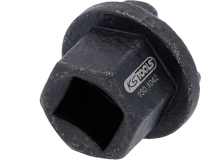 Černý kovový nástavec se čtvercovým otvorem. Tvarován pro použití na šrouby nebo matice. Označení: 'KS Tools'.