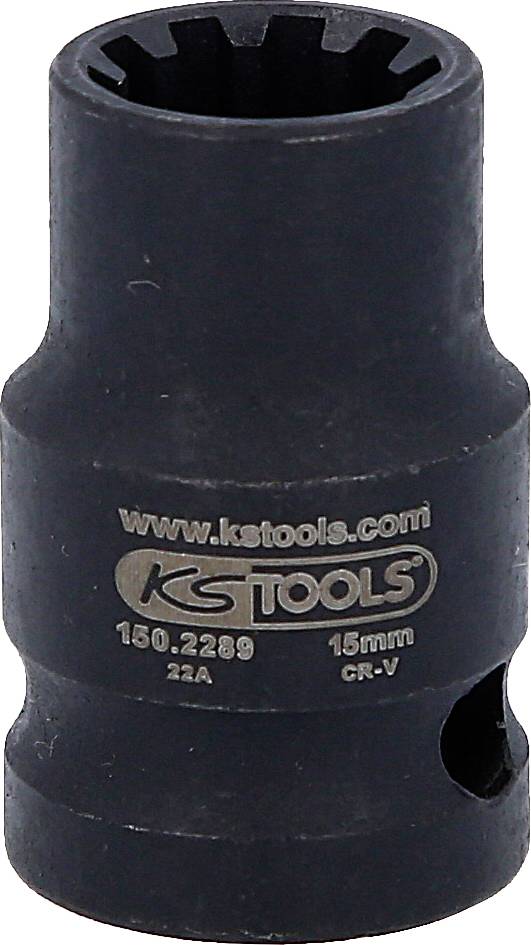 Černý šestihranný nástrčný klíč s nápisem 'kstools.com', '150.2289', '15mm', 'CR-V'. Má šestihranné uchycení pro nástroje.