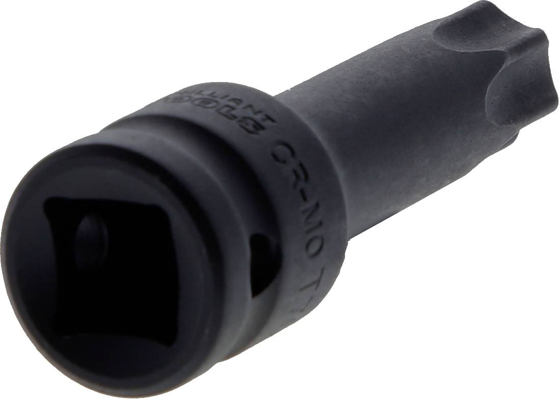 Černý šroubovací bit s hlavou Torx, vhodný pro použití s ráčnovým nástrojem, leží na bílém pozadí.