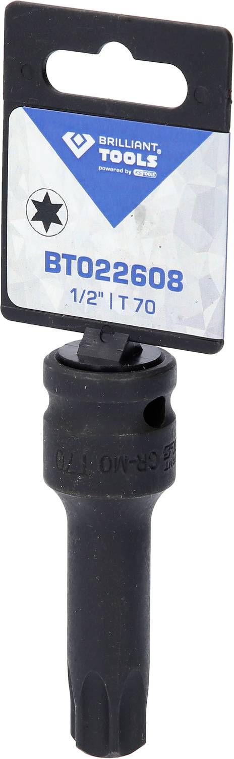 'Brilliant Tools BT022608', nástavec na klíč s 1/2palcovým pohonem a profilem vnitřního šestihranu IT 70, černý povrch, produktové vyobrazení.