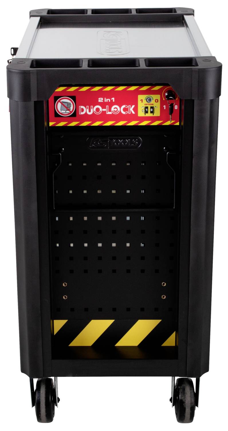 Černý vozík na nářadí s nápisem '2 v 1 Duo-Lock', na němž jsou symboly pro nastavení bezpečnosti a funkcí, žluté výstražné pruhy dole.